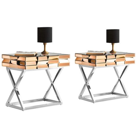 MEUBLER DESIGN Lot De Deux Table De Chevet En Verre Miroir 3d Or, Verre, Chrome, Miroir, Rectangulaire, Style Contemporain, 54.5 x 40 x 60 cm