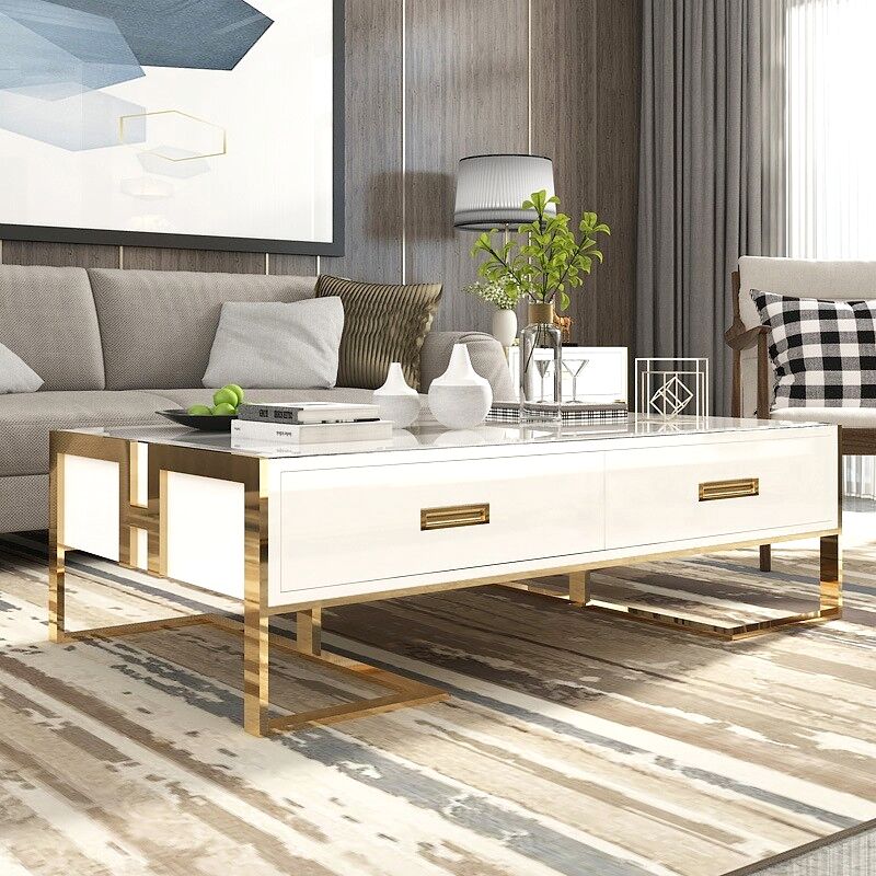 Meubler Design - Table Basse Blanche Avec Tiroirs Base Or Laqué Luxuria, Métal Finition Or, Métal, Verre, Rectangulaire, Style Baroque, 130 x 70 x 42