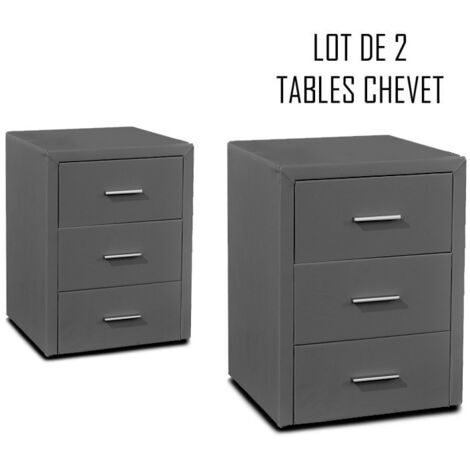 MEUBLER DESIGN Table Chevet 3 Tiroirs Kasi Lot De 2 Gris, Polyuréthane, Carré, Style Contemporain, 44 x 44 x 59 cm