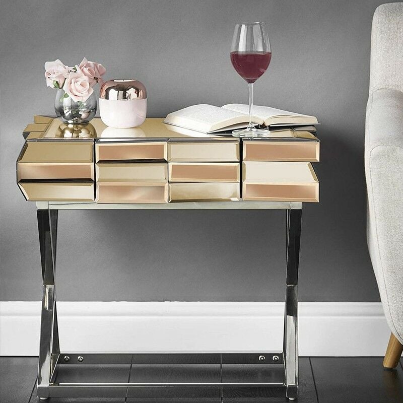 Meubler Design - Table De Chevet En Verre Miroir 3d - Or, Verre, Chrome, Miroir, Rectangulaire, Style Contemporain, 54.5 x 40 x 60 cm - Or