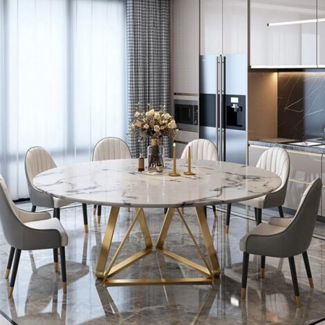 MEUBLER DESIGN Table De Salle À Manger Ronde Moderne Effet Marbre Blanc Et Pied Doré Dorone, Métal Finition Or, Métal, Rond, Style Art déco, 150 x 150 x 75 cm