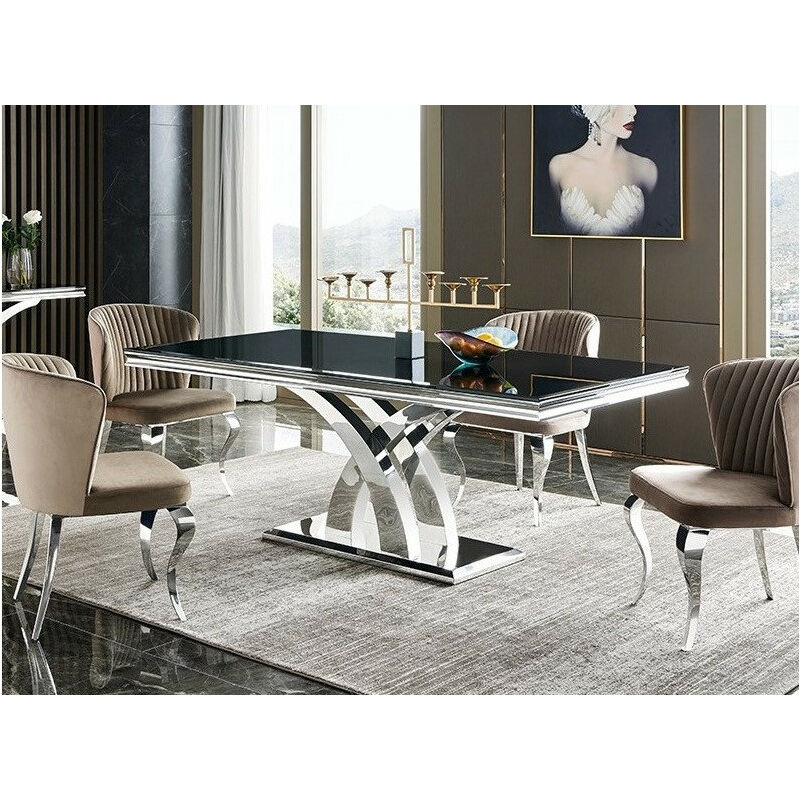 Table à manger design acier inoxydable poli et verre trempé noir Milla 180 cm