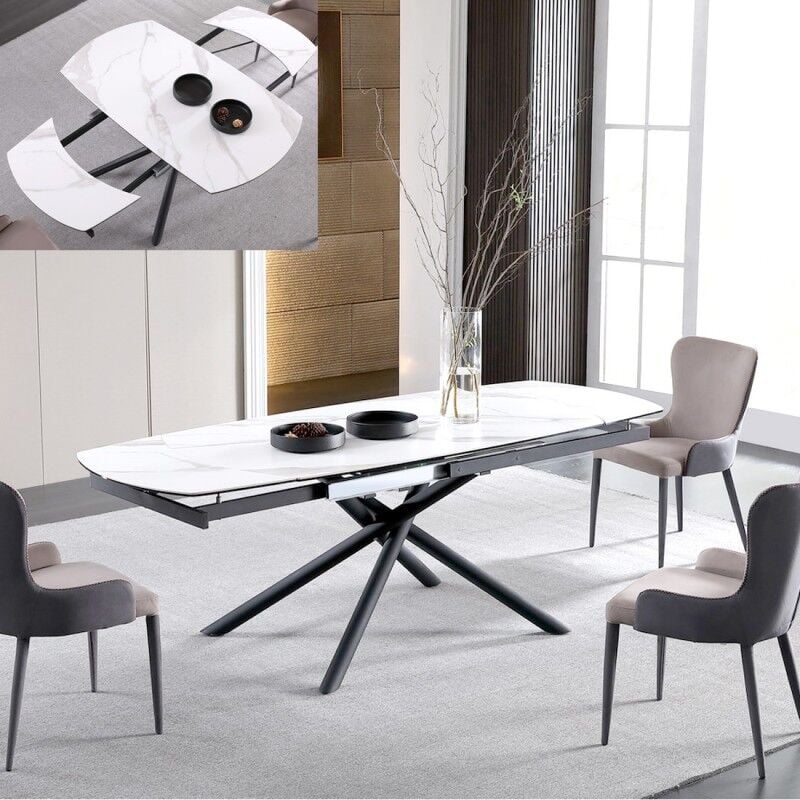 Table à Manger Extensible Céramique Aspect Marbre Silam, Céramique Aspect Marbre, Métal, Ovale, Style Contemporain, 160 x 90 x 76 cm - Meubler Design