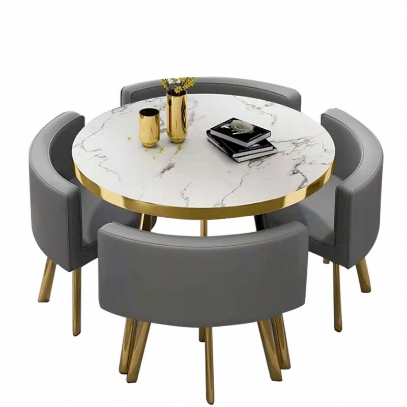 Meubler Design - Table à Manger Ronde Et Chaises Encastrable Popup - Marbre Blanc Chaises Gris, Bois mdf, Polyuréthane, Rond, Style Contemporain, 90