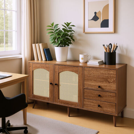 MEUBLES COSY Buffet, commode en rotin, commode à portes coulissantes, étagères réglables, noyer foncé