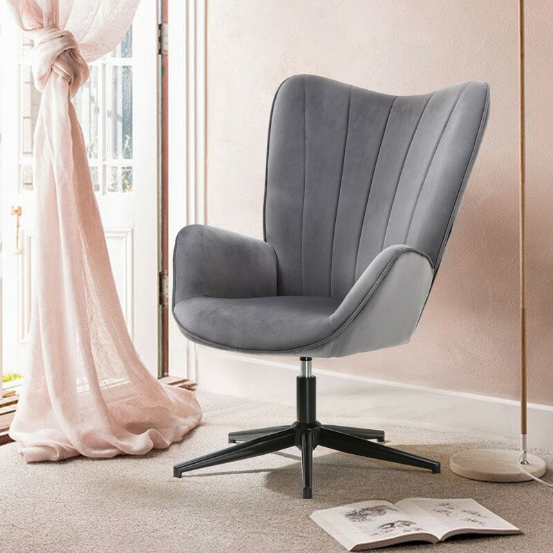 Meubles Cosy - Chaise de relaxation, fauteuil de salon avec accoudoirs, pivotant à 360 degrés, en tissu gris, pieds en métal noir