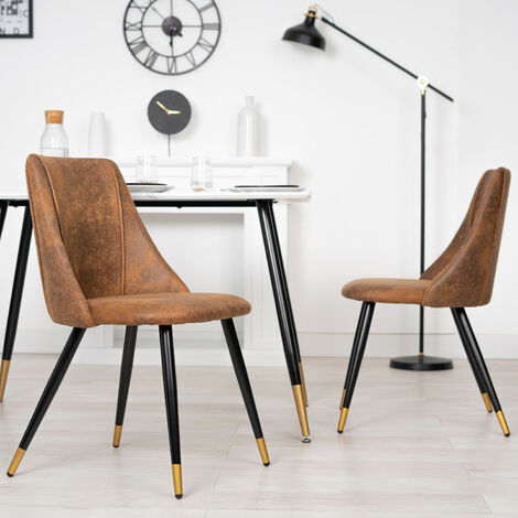MEUBLES COSY Chaise de salle à manger de style scandinave avec tapisserie d'ameublement effet Seude, planche d'assise E1 de 18 mm et pieds en métal - Marron/Noir et Or