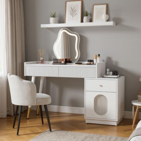 MEUBLES COSY Coiffeuse avec miroir LED et éclairage - Ensemble coiffeuse blanche pour chambre à coucher avec trois tiroirs spacieux et une porte (sans tabouret)