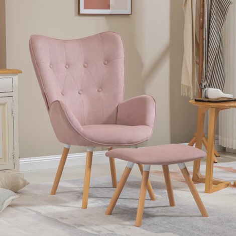 MEUBLES COSY Ensemble de Fauteuil Et Pouf - Chaise De Canapé ＆ Repose - Pieds en bois de hêtre avec Soft Tissu Cover,Repose-Pieds Rembourré,Rose - ROSE