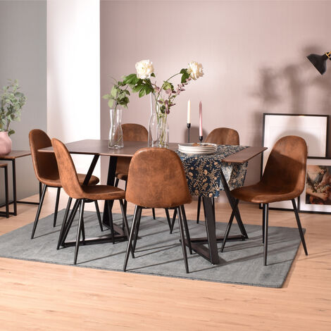 MEUBLES COSY Ensemble de salle à manger - 1 table et 6 chaises - Style Scandinave - Plateau en fibre de bois, Structure métal - MARRON/NOIR