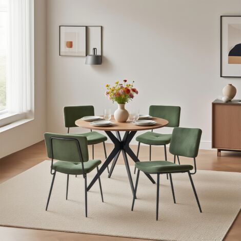 MEUBLES COSY Ensemble de salle à manger 5 pièces, table à manger ronde avec pieds en métal croisés + 4 chaises de salle à manger en microfibre verte