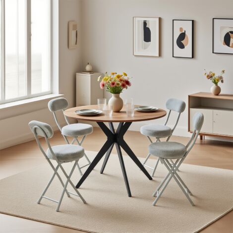 MEUBLES COSY Ensemble de salle à manger 5 pièces : une table ronde avec pieds en métal croisés + 4 chaises grises en fausse fourrure.
