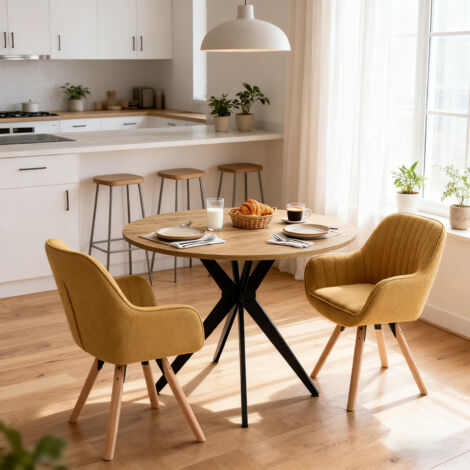 MEUBLES COSY Ensemble table et chaises de salle à manger 3 pièces, table ronde avec pieds croisés en métal + 2 chaises de salle à manger pivotantes en tissu jaune