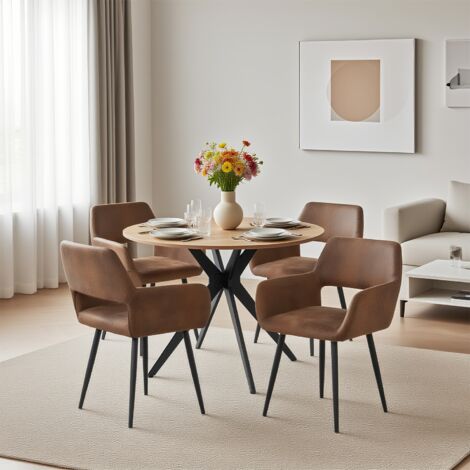MEUBLES COSY Ensemble table et chaises de salle à manger 5 pièces, table ronde avec pieds croisés en métal + 4 chaises de salle à manger en microfibre marron