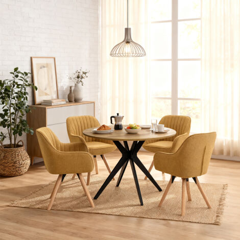 MEUBLES COSY Ensemble table et chaises de salle à manger 5 pièces, table ronde avec pieds croisés en métal + 4 chaises de salle à manger pivotantes en tissu jaune