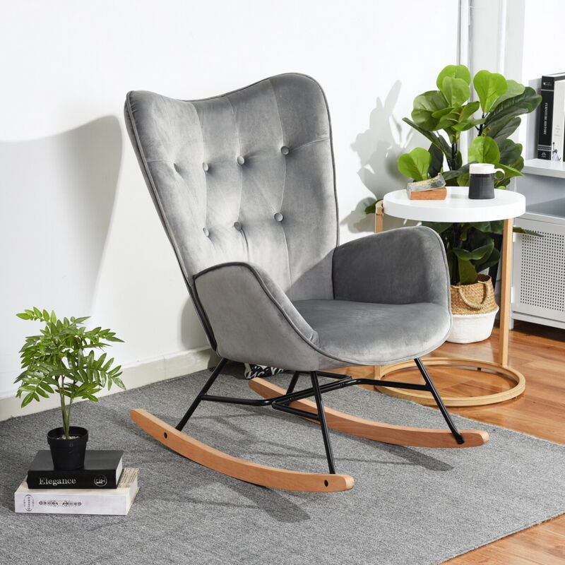 Meubles Cosy - Chaise de loisirs et de repos Style rocking chair - Style Scandinave - Tissu Velours Gris Foncé - Pieds en hêtre véritable - pour