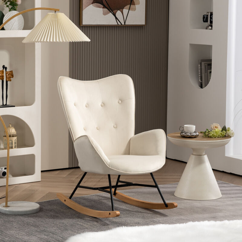 Fauteuil à Bascule,Rocking Chair,Revêtement Velours Beige,Style Scandinave,pour Salon,Chambre,Balcon,66x87x98cm - Meubles Cosy