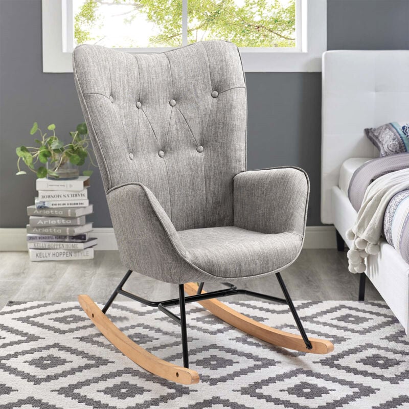 Fauteuil à bascule style Rocking chair - Style Scandinave - Tissu gris clair - Pieds en véritable bois de hêtre - 68x 85x97cm , Gris Tissu /Gris