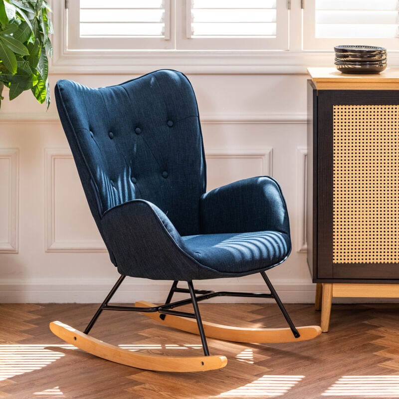 MEUBLES COSY Fauteuil à Bascule Chaise Loisir et Repos style Rocking chair - Style Scandinave - Tissu Bleu foncé - Pieds en véritable bois de hêtre