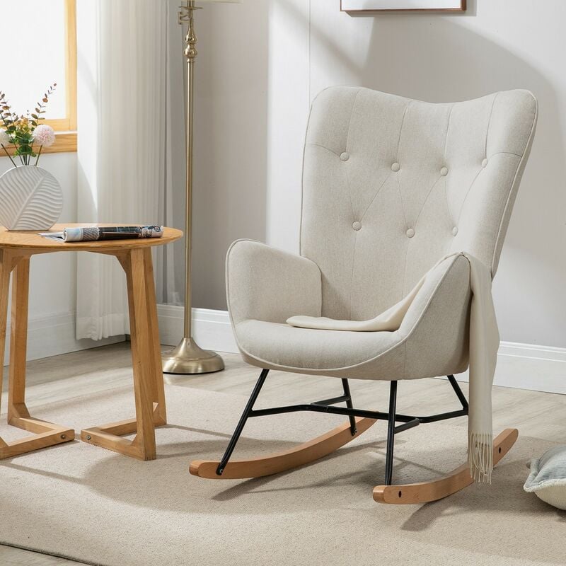 Meubles Cosy - Fauteuil à Bascule Confortable en Tissu Beige avec Accoudoirs et Dossier Capitonné, Structure en Revêtement Noir et Pieds en Bois de