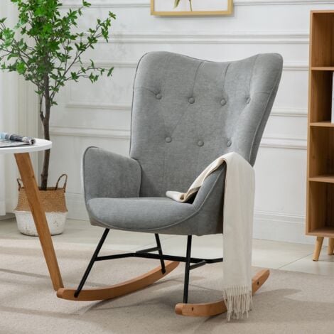 MEUBLES COSY Fauteuil à Bascule Confortable en Tissu Beige avec Accoudoirs et Dossier Capitonné, Structure en Revêtement Noir et Pieds en Bois de Hêtre Nature, Style Scandinave