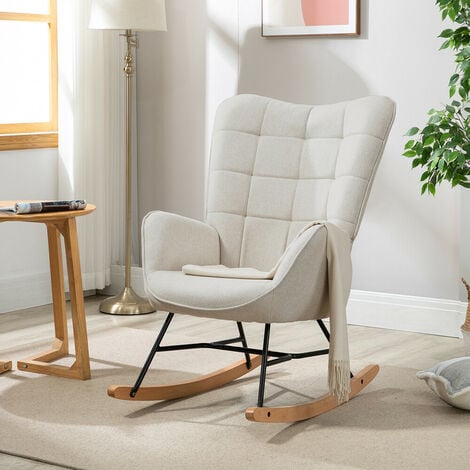 MEUBLES COSY Fauteuil à bascule en tissu beige, dossier en métal, assise en contreplaqué et pieds en bois naturel de style scandinave