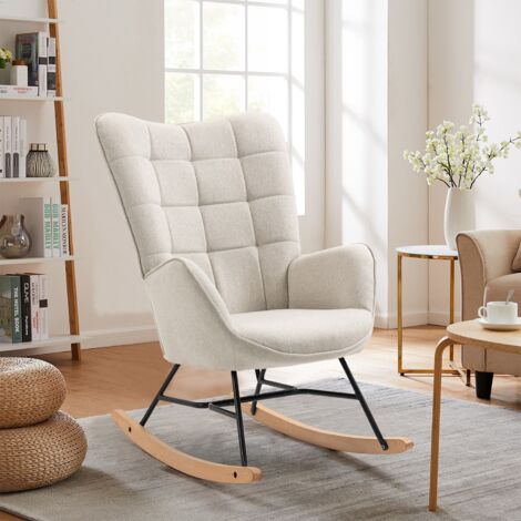 MEUBLES COSY Fauteuil à bascule en tissu beige, dossier en métal, assise en contreplaqué et pieds en bois naturel de style scandinave