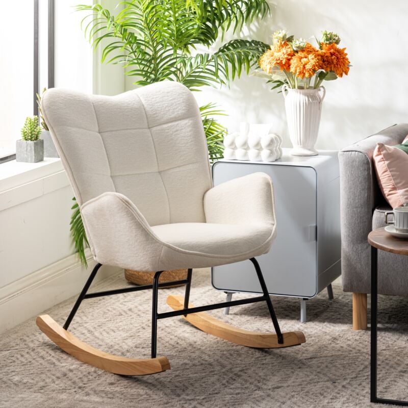 MEUBLES COSY Fauteuil à bascule scandinave en tissu avec pieds en bois et métal en forme de E pour salon, chambre, blanc