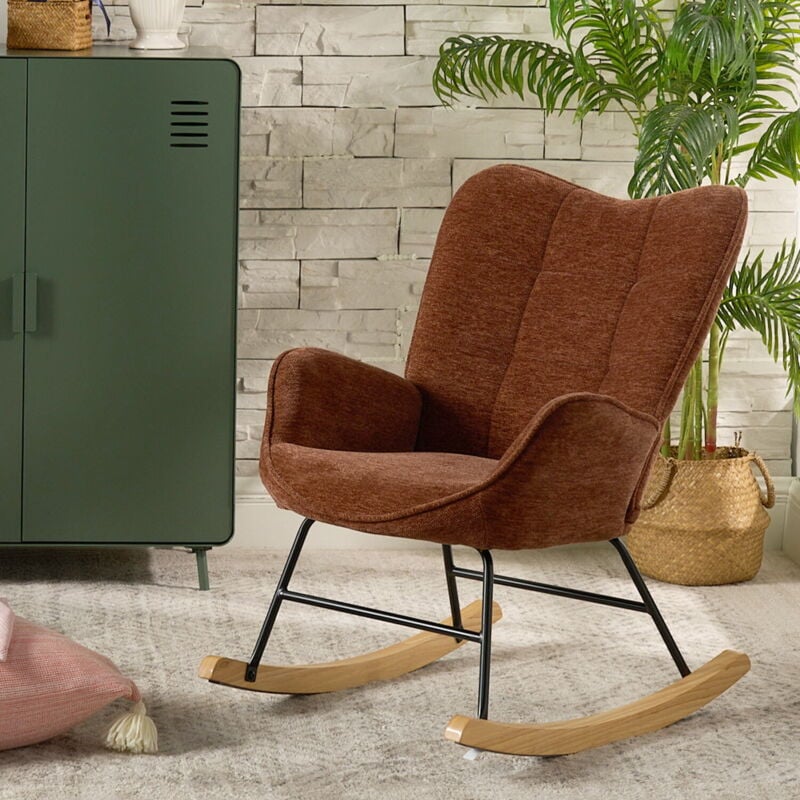 Meubles Cosy - Fauteuil à bascule scandinave en tissu avec pieds en bois et métal en forme de e pour salon, chambre, rouge