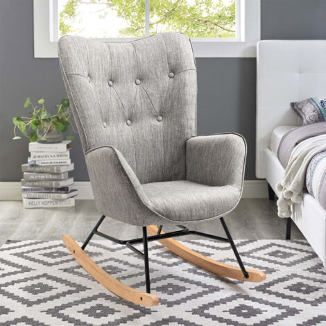 Meubles Cosy – Fauteuil à bascule scandinave en tissu gris clair – Pieds en hêtre massif – Dimensions 68x85x97cm – Confort optimal pour salon et bureau