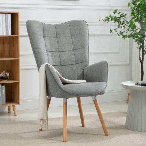 MEUBLES COSY Fauteuil avec revêtement en tissu gris, cadre de dossier en métal, assise en contreplaqué et pieds en bois naturel de style scandinave