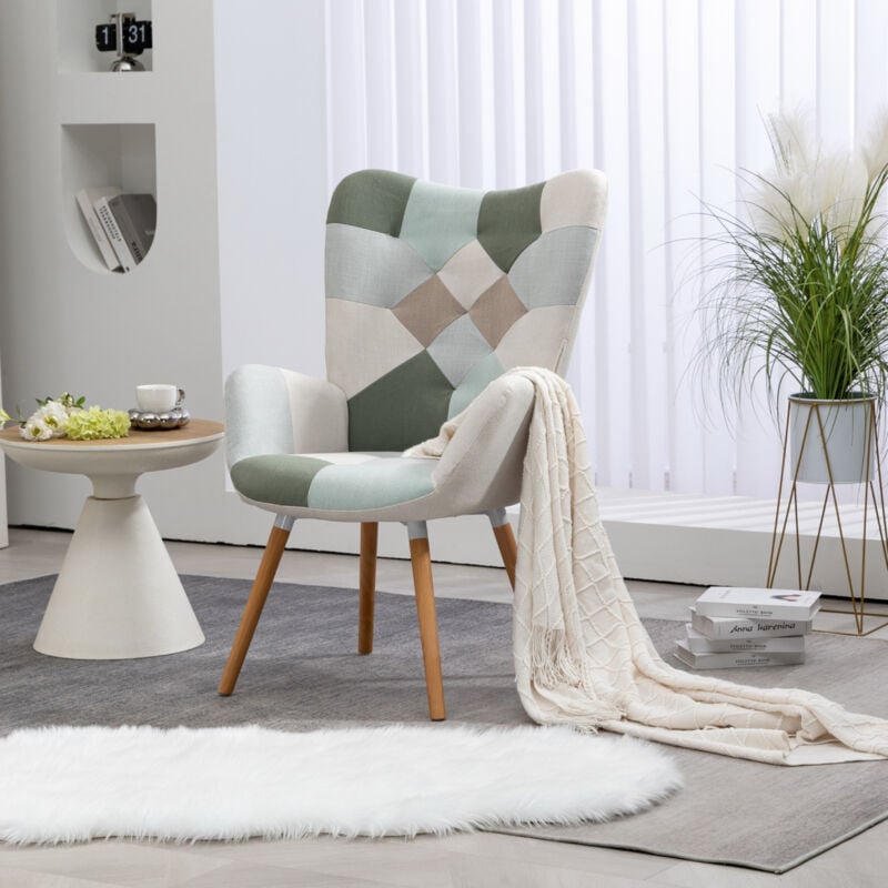 Meubles Cosy - Fauteuil Scandinave Chaise de Loisirs en Tissu Patchwork Aqua, Pieds en Bois de Hêtre,Pour Salon,Chambre, Balcon,68x50x106cm