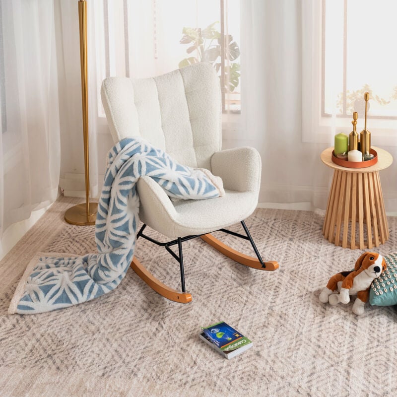 Fauteuil scandinave dossier confortable avec accoudoirs en tissu bouclette imitation peau de mouton à surpiqûres - Meubles Cosy