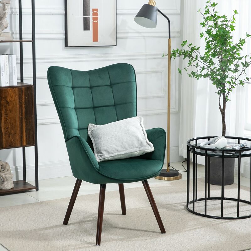 Meubles Cosy - Fauteuil avec revêtement en velours vert, cadre arrière en métal, assise en contreplaqué et pieds en bois de hêtre de style scandinave