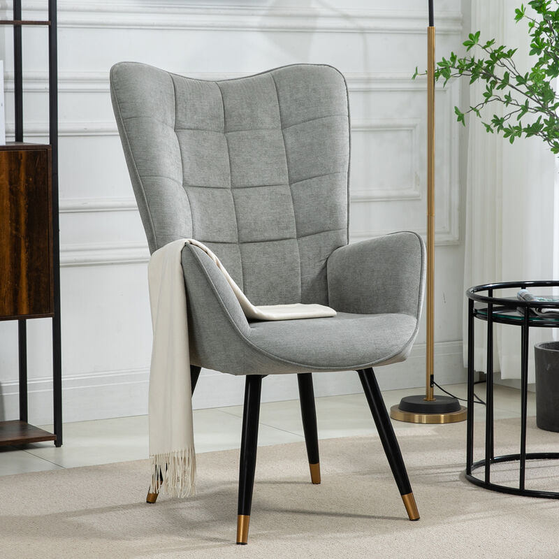 Meubles Cosy - Fauteuil en tissu gris, dossier en métal, assise en contreplaqué et pieds en métal noir et or de style scandinave