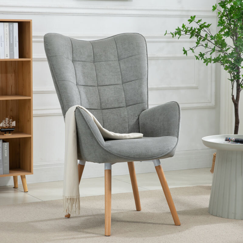 Meubles Cosy - Fauteuil avec revêtement en tissu gris, cadre de dossier en métal, assise en contreplaqué et pieds en bois naturel de style scandinave