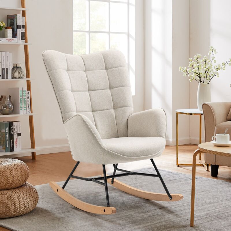 Meubles Cosy - Fauteuil à bascule en tissu beige, dossier en métal, assise en contreplaqué et pieds en bois naturel de style scandinave