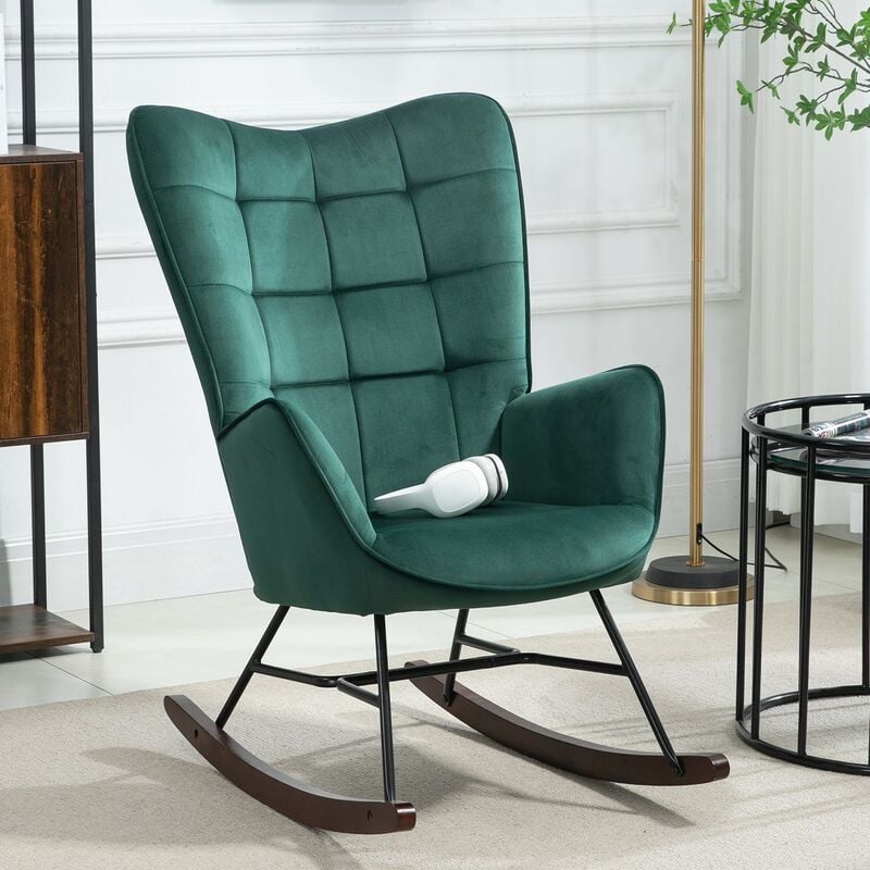 Meubles Cosy - Fauteuil à bascule avec tapisserie en velours vert, cadre arrière en métal, assise en contreplaqué et pieds en bois de hêtre brun de