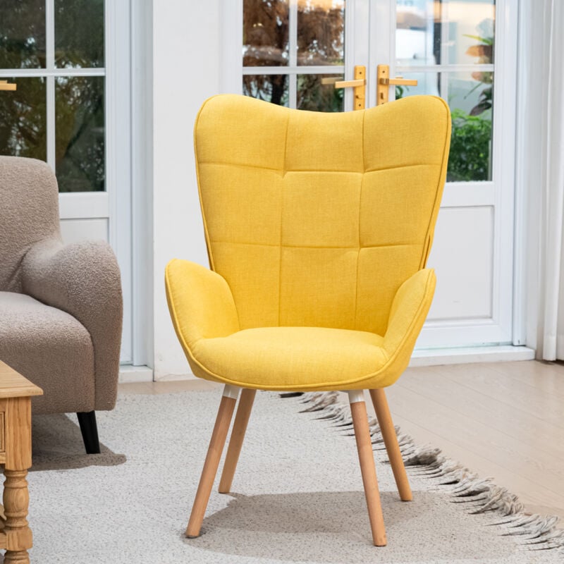 Meubles cosy fauteuil jaune- chaise <strong>rembourre</strong>-salon - style scandinave tissu et <strong>pieds</strong> en bois de hetre 68x74x106cm jaune