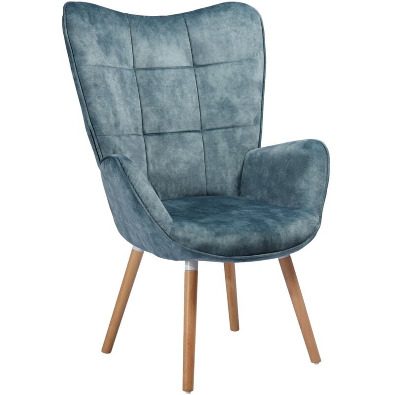 Meubles cosy fauteuil-chaise <strong>rembourre</strong>- en tissu bleu avec accoudoirs, <strong>pieds</strong> bois de hetre fonce - bleu