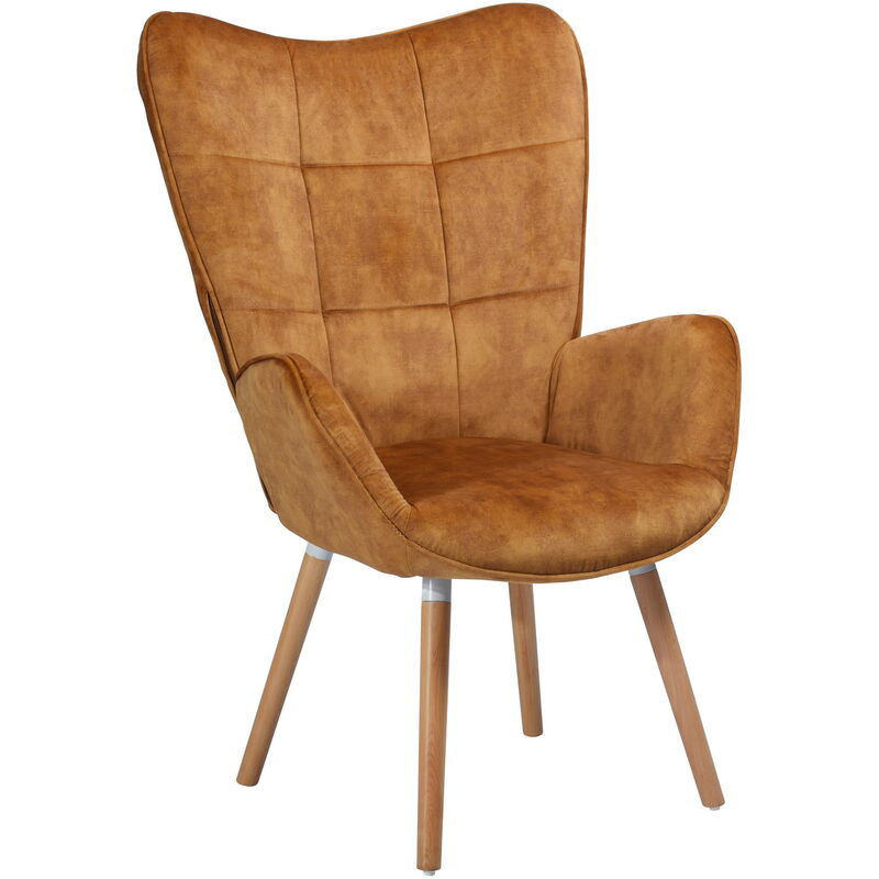 Meubles cosy fauteuil brun-chaise <strong>rembourre</strong>- salon - style scandinave tissu et <strong>pieds</strong> en bois de hetre 68x74x106cm moutarde