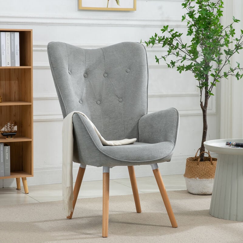 Fauteuil scandinave capitonné dossier confortable avec accoudoirs en tissu gris - Meubles Cosy