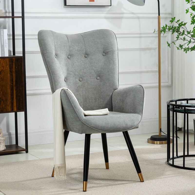 MEUBLES COSY Fauteuil scandinave capitonné dossier confortable avec accoudoirs en tissu gris, pieds en métal noir et doré