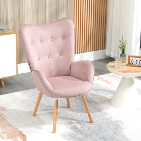 Meubles Cosy – Fauteuil crapaud scandinave en tissu rose 100% polyester – Pieds en bois de hêtre massif – Dossier ergonomique pour confort optimal