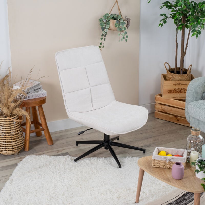 Meubles Cosy - Fauteuil de salon simple sans accoudoirs, revêtement en tissu blanc, hauteur réglable et pivotante, pieds en acier de style vintage