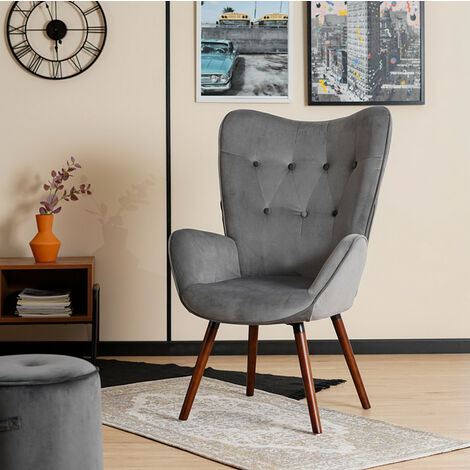 MEUBLES COSY Fauteuil Salon - Style Scandinave - Velours et Pieds en Bois de Hetre