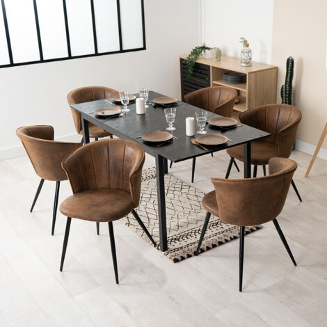 MEUBLES COSY Il set da pranzo da sette pezzi comprende un tavolo da pranzo retrattile e sei sedie da pranzo in microfibra marrone.