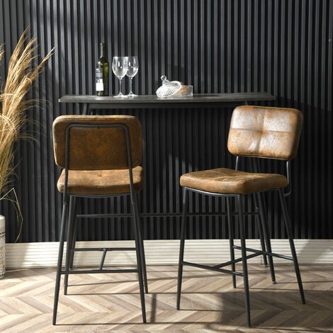 MEUBLES COSY Juego de 2 Taburetes de Bar Retro Vintage - Asiento Alto 69 cm Acolchado - Tronas Ante - Patas y Reposapiés Metal Negro