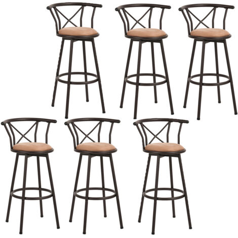 MEUBLES COSY Juego de 6 taburetes de bar con giro de 360°, estilo vintage con respaldo y reposapiés, altura del asiento de 75,5 cm, estilo industrial, marrón rústico y negro.