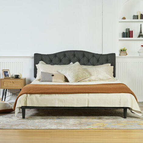 MEUBLES COSY  Lit double (140 x 190cm) avec tête de lit capitonnée en tissu gris, structure en métal, sommier à lattes en peuplier, pieds en plastique noir (matelas non inclus)